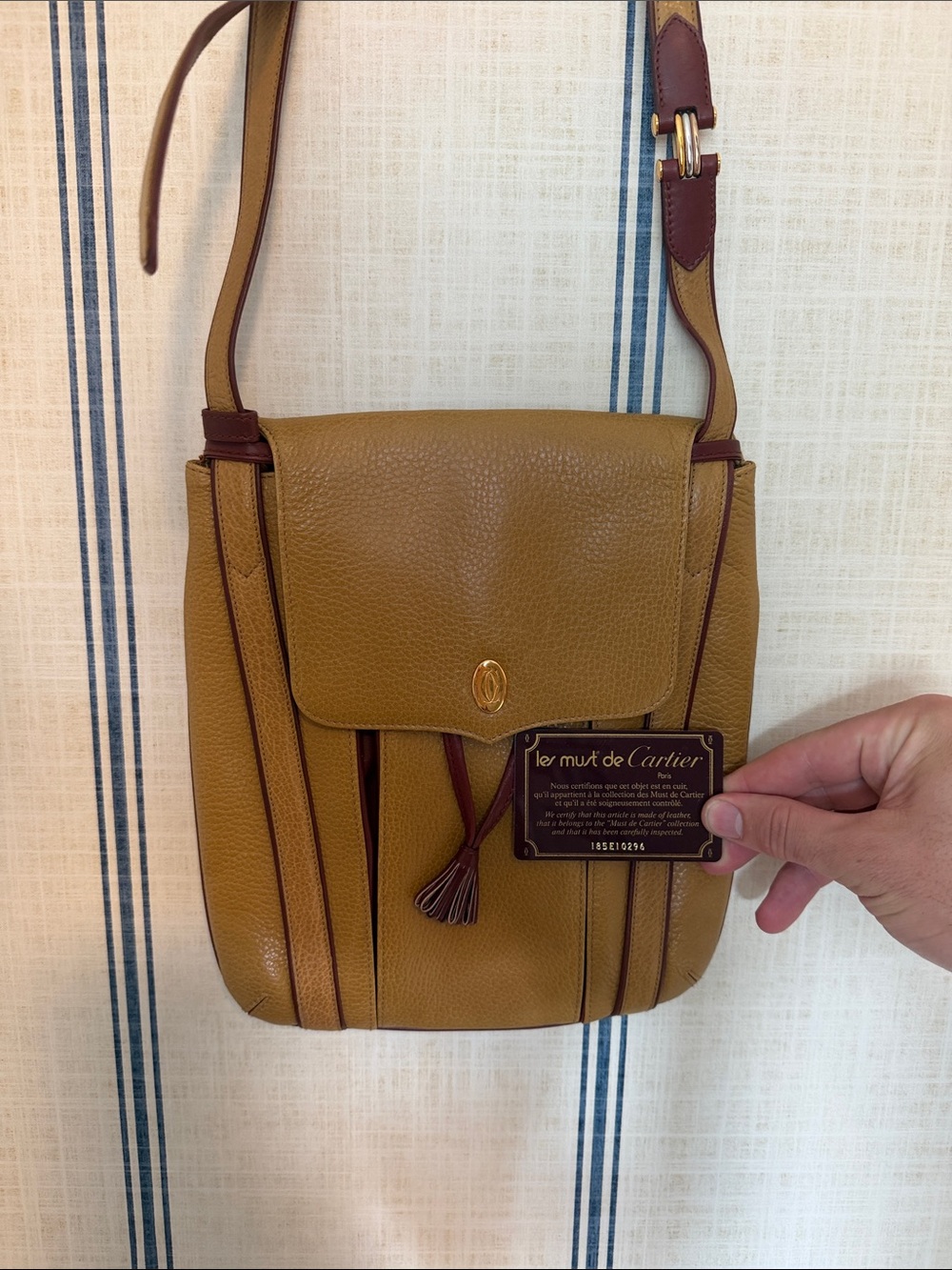 Cartier Le Must Pebbled Mustard and Burgundy Leather Crossbody